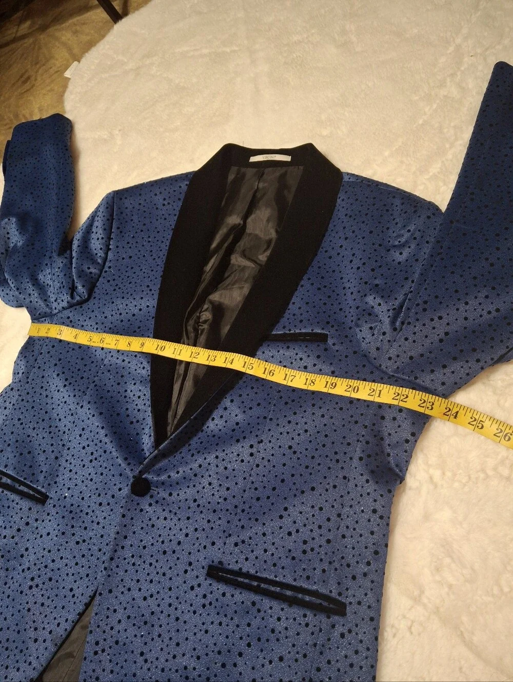 Vercini Blue Black Polka Dot Tuxedo Blazer Men's Slim Fit Size 46 Made in Turkey